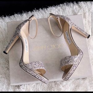 NWT Jimmy Choo “Misty” 100 Glitter Ankle Strap High Heel Sandals